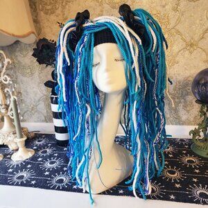 Handmade Large Layered Braided Cyber Goth Icy Blue W Plastic String Hair Falls